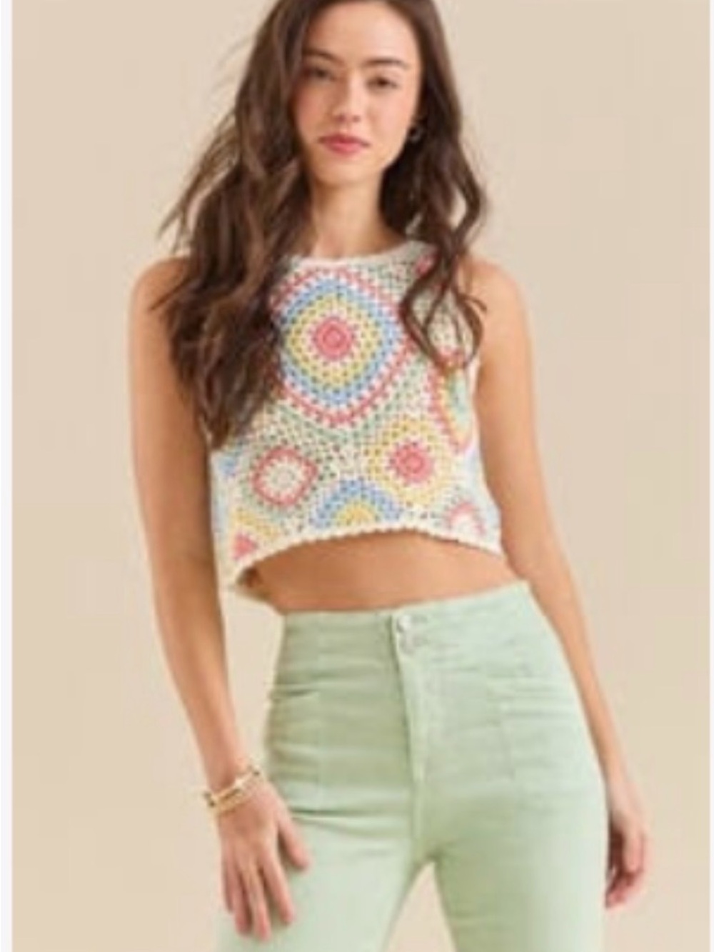 Altar'd State Crochet Cropped Tank Top - Cream with Pink, Yellow, Blue, Green